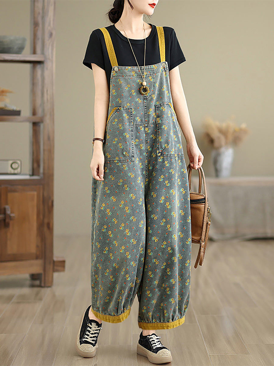 Plus Size Women Summer Casual Floral Denim Wide-leg Jumpsuits