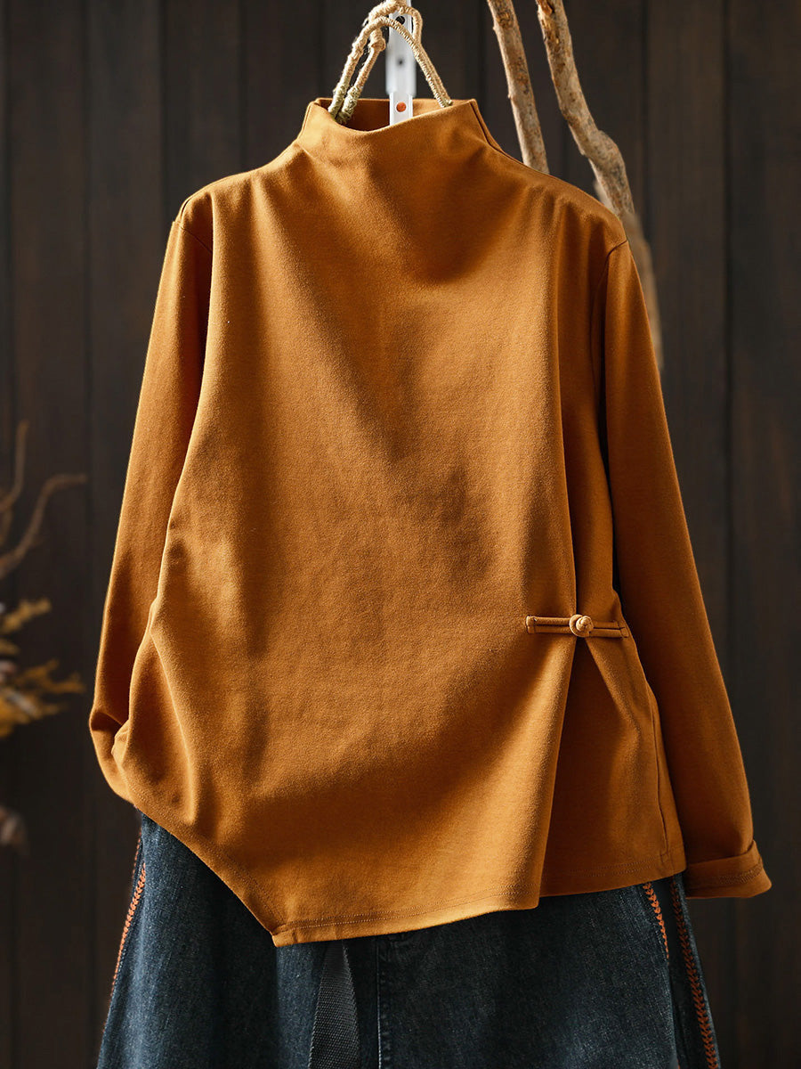 Plus Size Women Autumn Frog Button Mock Neck Long-Sleeve Tee – Versatile Autumn Base Layer