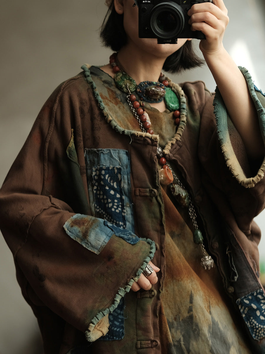 Women Spring Vintage Patchwork O-Neck Shirt Coat