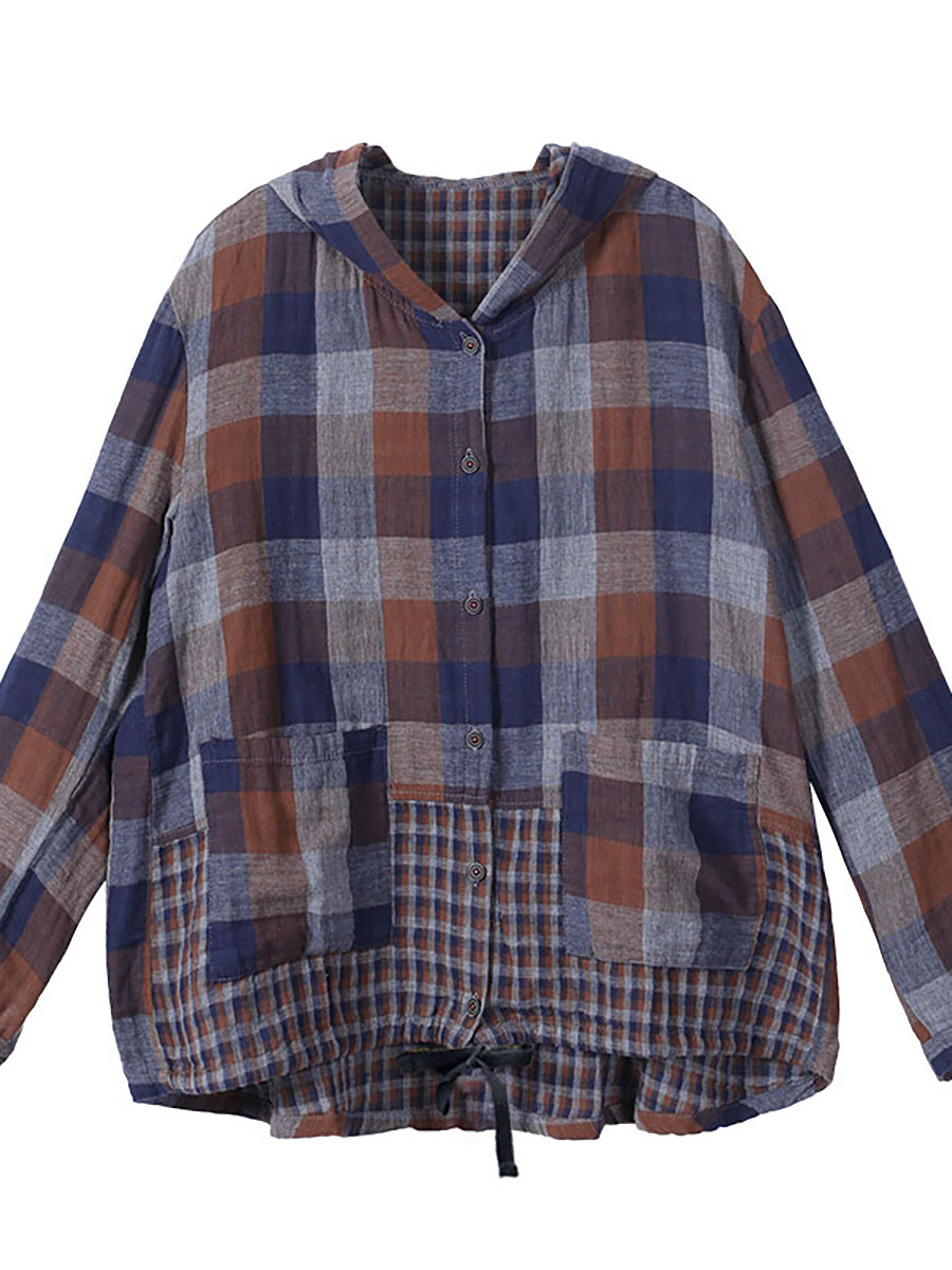 Plus Size Loose Stitching Drawstring Cotton Linen Shirt