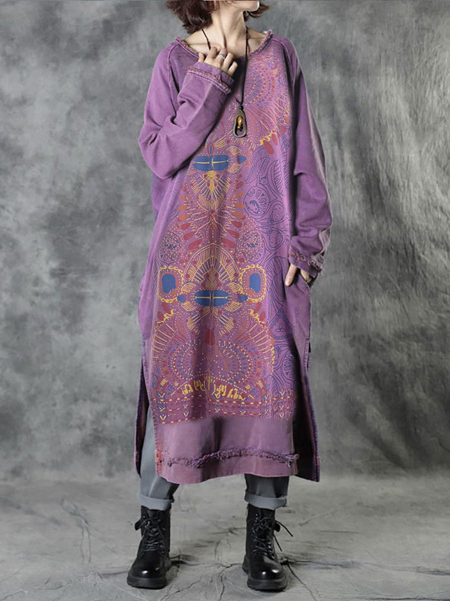 Plus Size Women Autumn Ethnic Tribal Print O-Neck Loose Cotton Dress