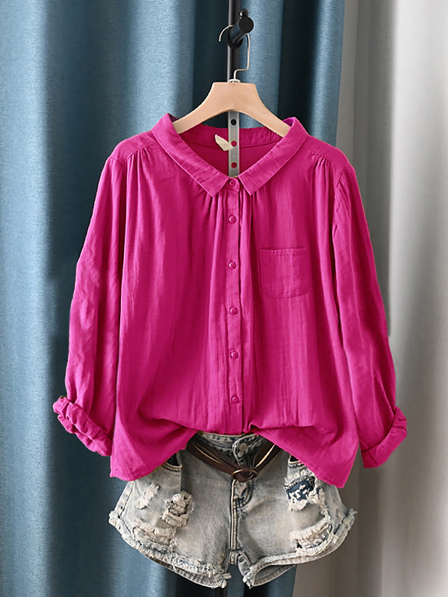 Plus Size Women Summer Artsy Turn-down Collar 100%Cotton Shirt