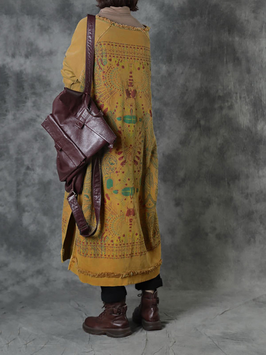 Plus Size Women Autumn Ethnic Tribal Print O-Neck Loose Cotton Dress