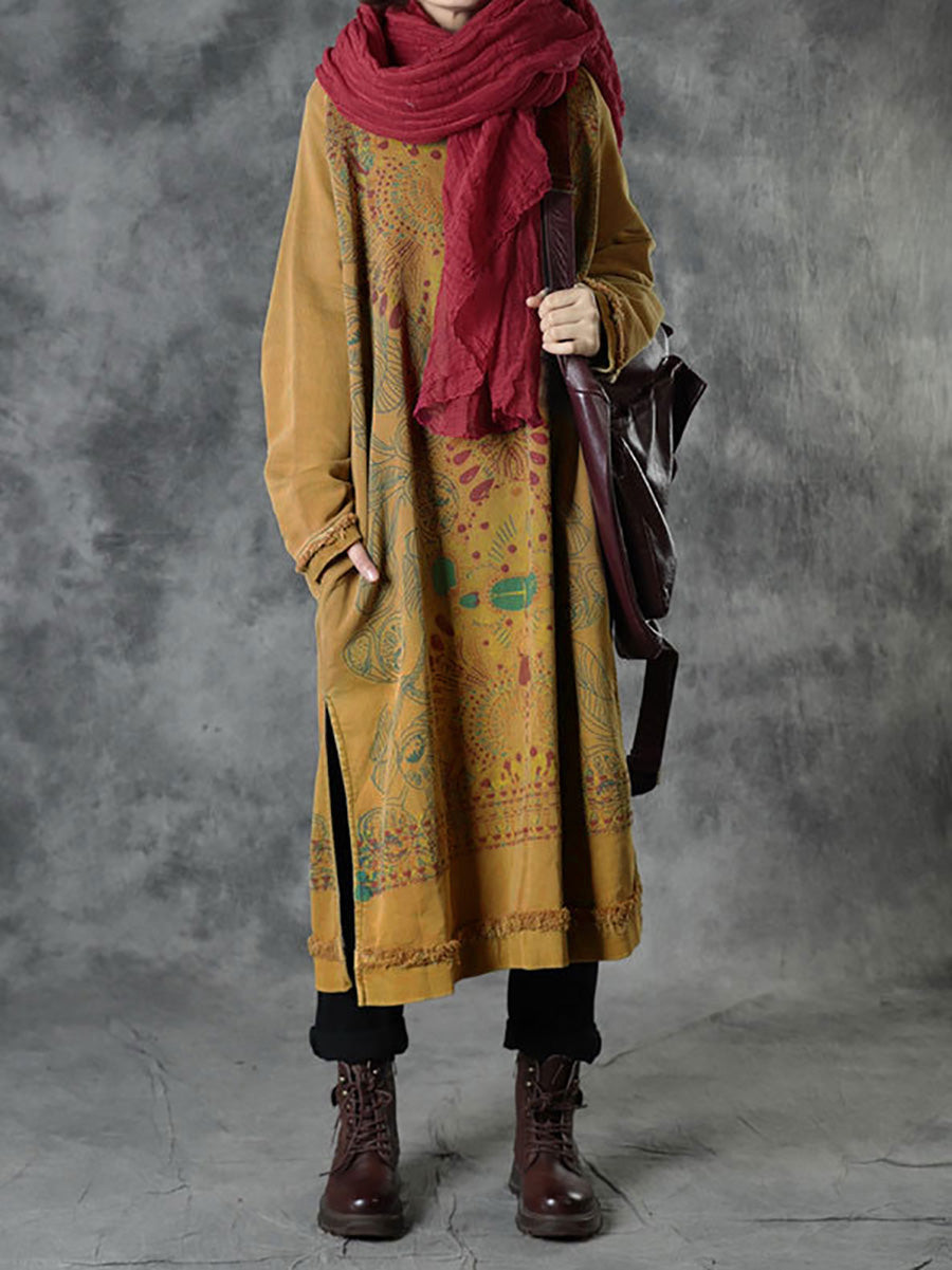 Plus Size Women Autumn Ethnic Tribal Print O-Neck Loose Cotton Dress