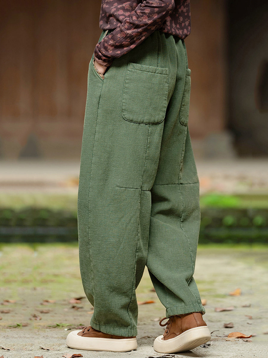 Plus Size Women Winter Retro Solid Spliced Padded Harem Pants