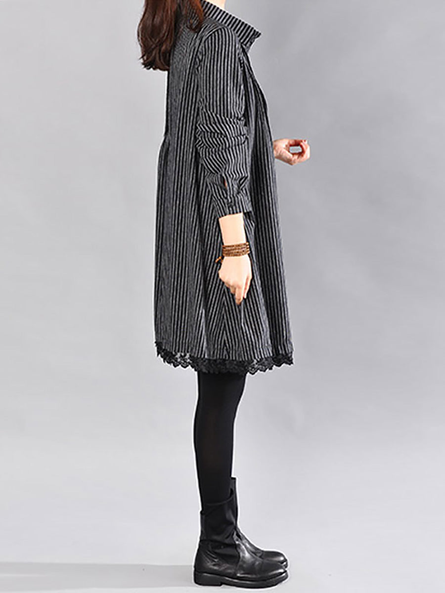 Plus Size Loose Cotton Linen Stripe Lace Hem Shirt Dress