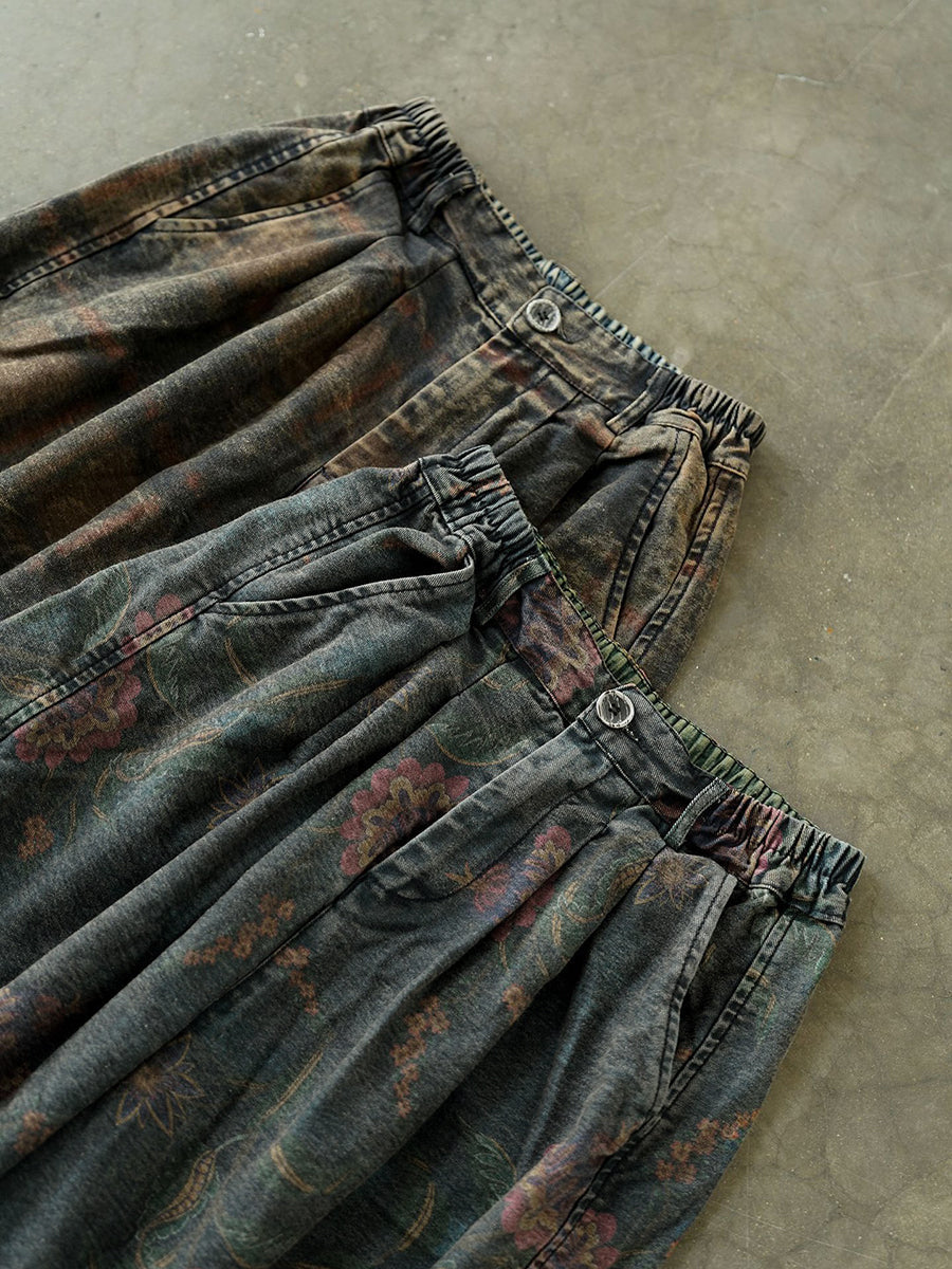 Plus Size Women Winter Retro Flower Denim Spliced Wide-leg Pants