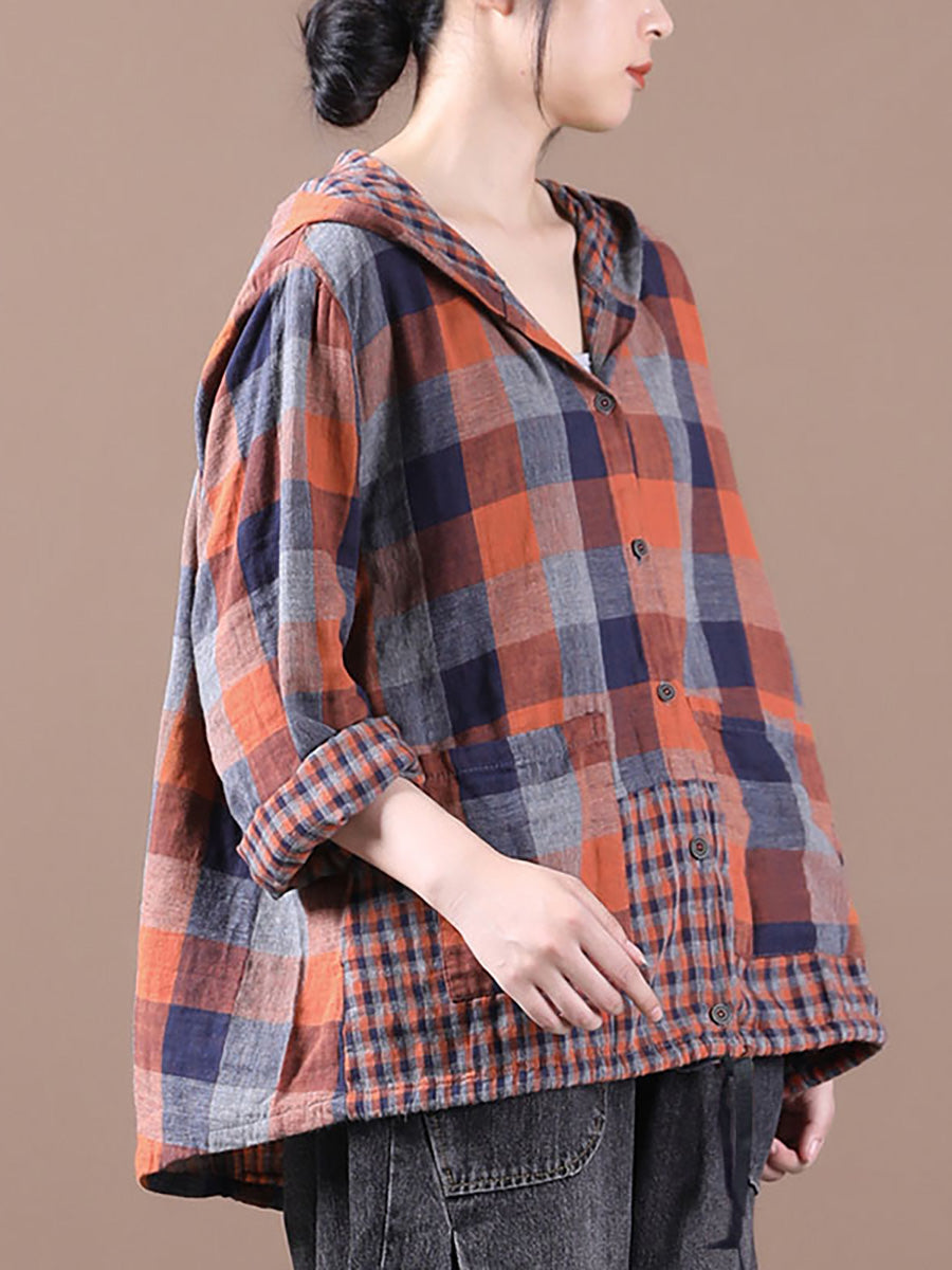 Plus Size Loose Stitching Drawstring Cotton Linen Shirt