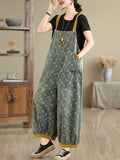 Plus Size Women Summer Casual Floral Denim Wide-leg Jumpsuits