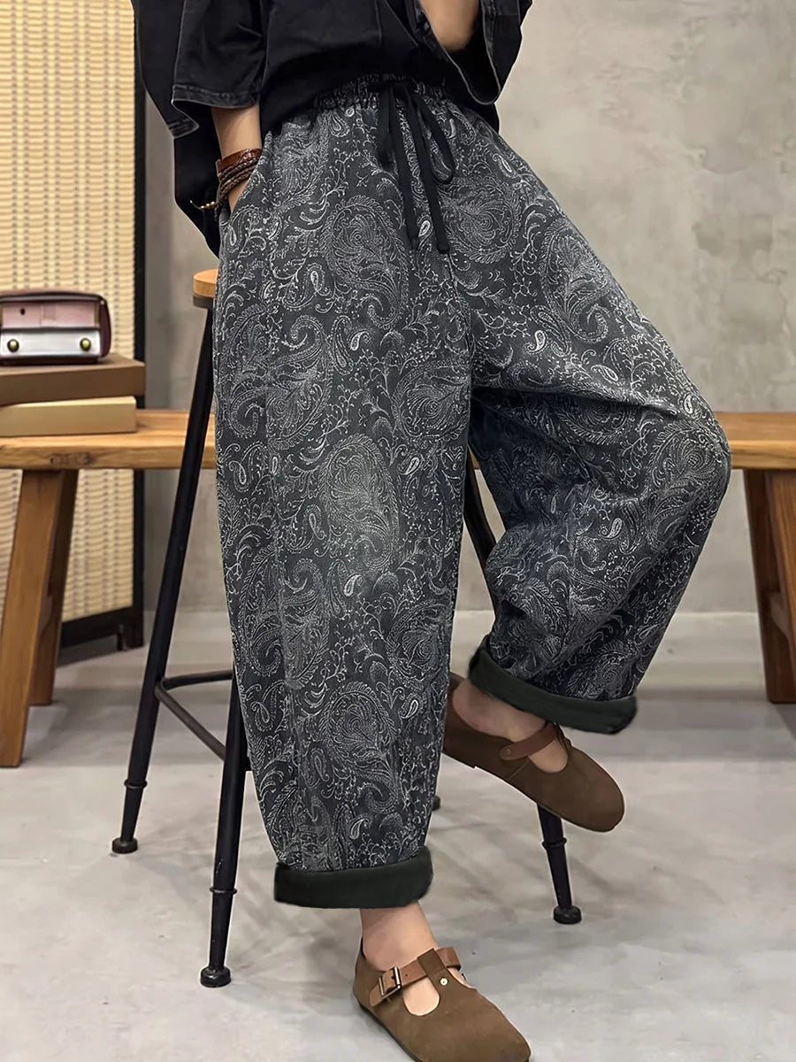 Plus Size Women Retro Flower Denim Harem Pants