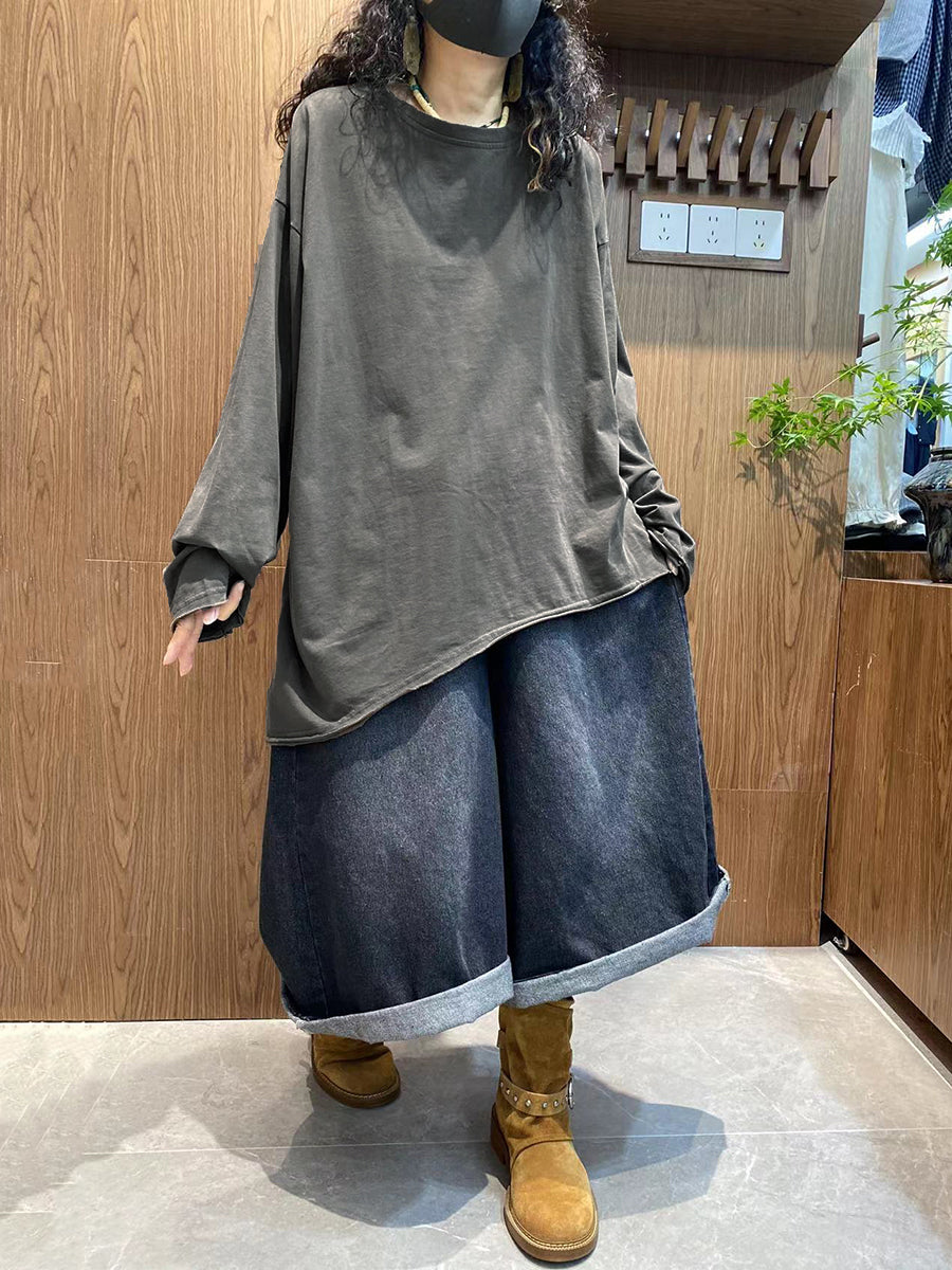 Plus Size Women Autumn Casual Pure Color 100%Cotton O-Neck Blouse