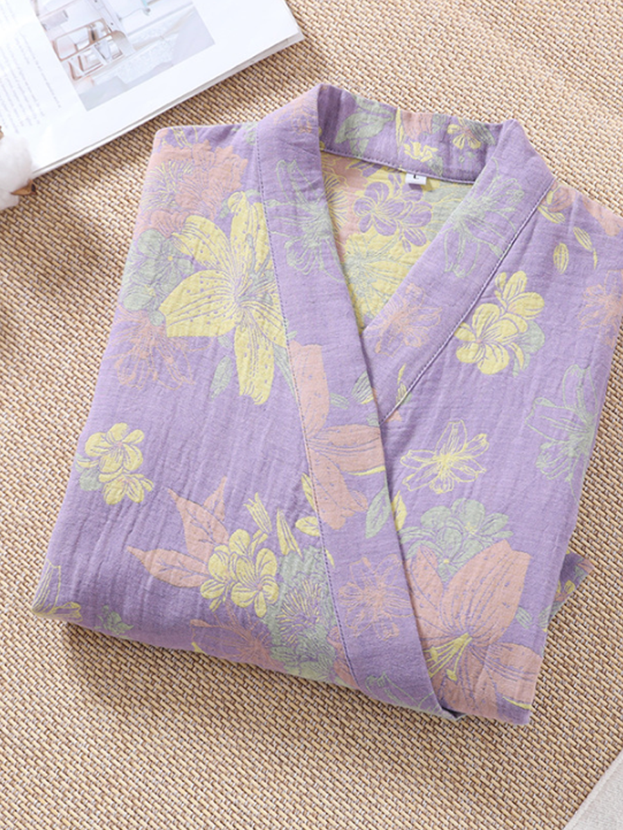 Vintage Floral 100% Cotton Double-Layer Gauze Robe