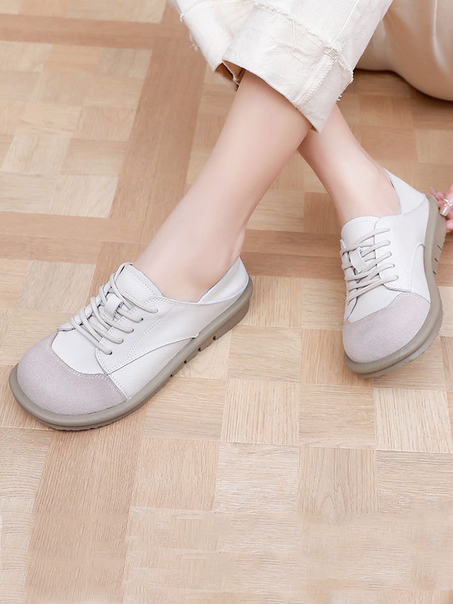 Women Vintage Leather Spliced Strap Flat Shoes