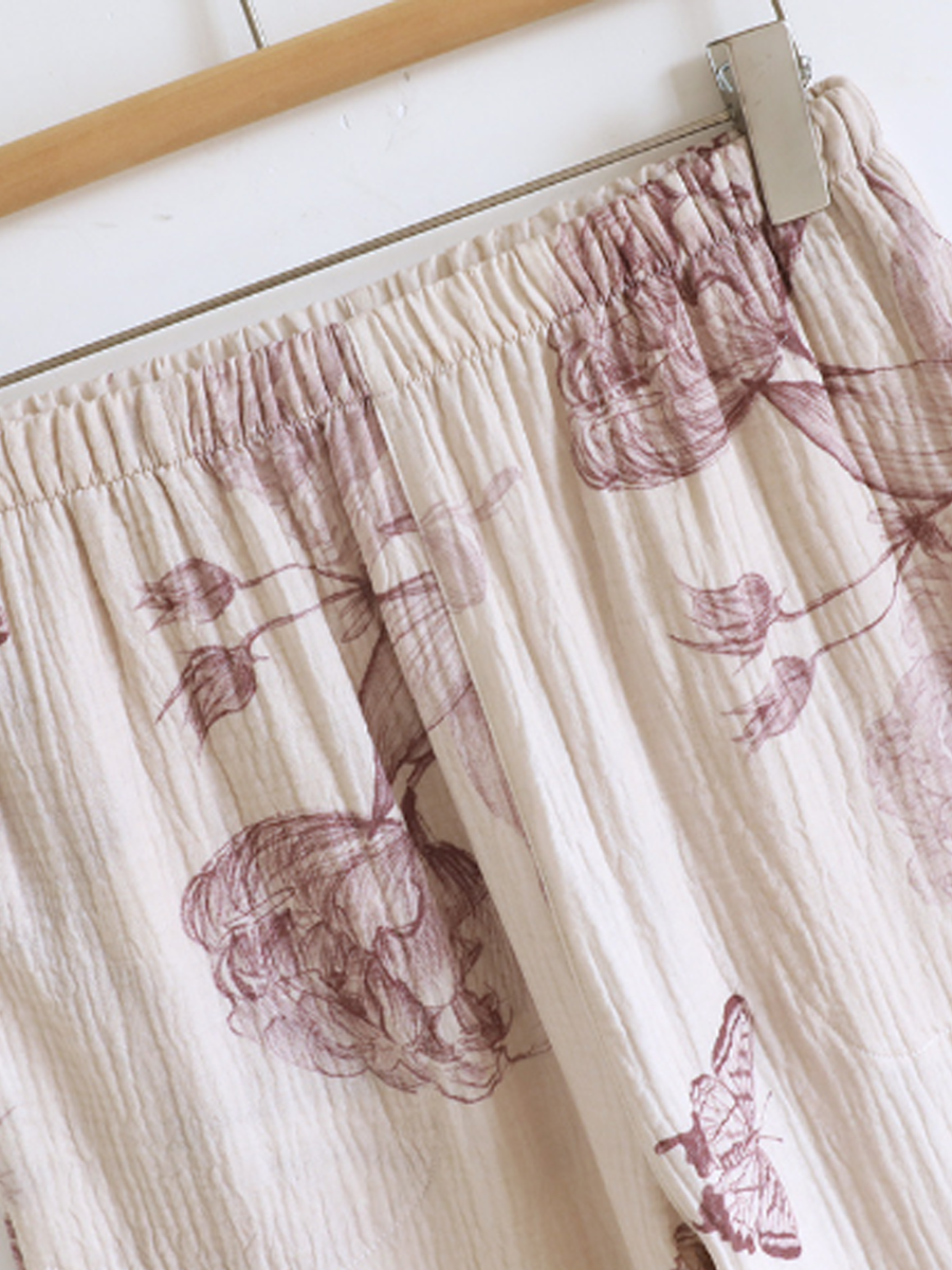 Women Vintage Floral Wrap-Front Pure Cotton Gauze Pajama Set