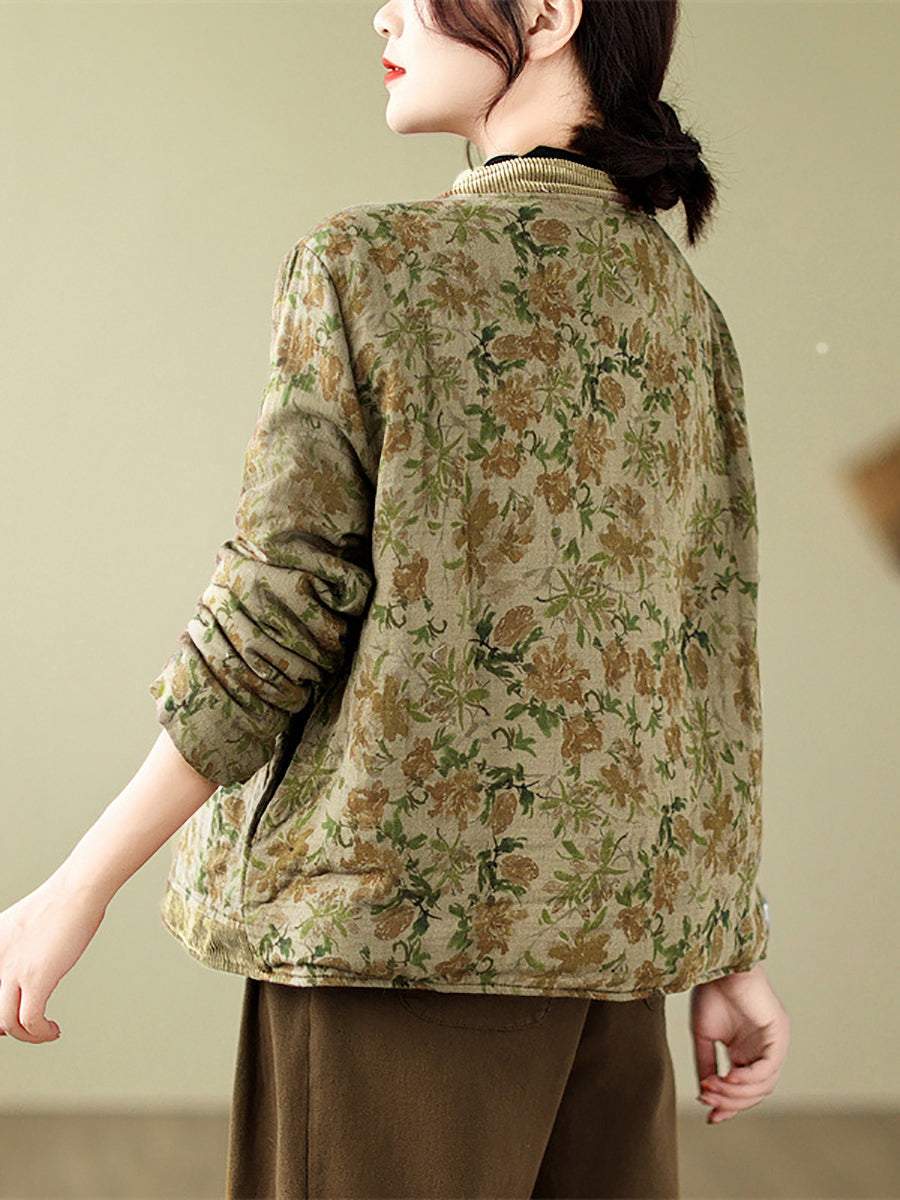 Plus Size Women Retro Floral Spliced V-Neck Padded Jacket