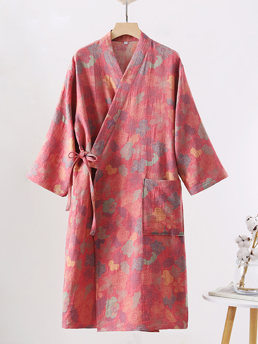 Vintage Floral 100% Cotton Double-Layer Gauze Robe