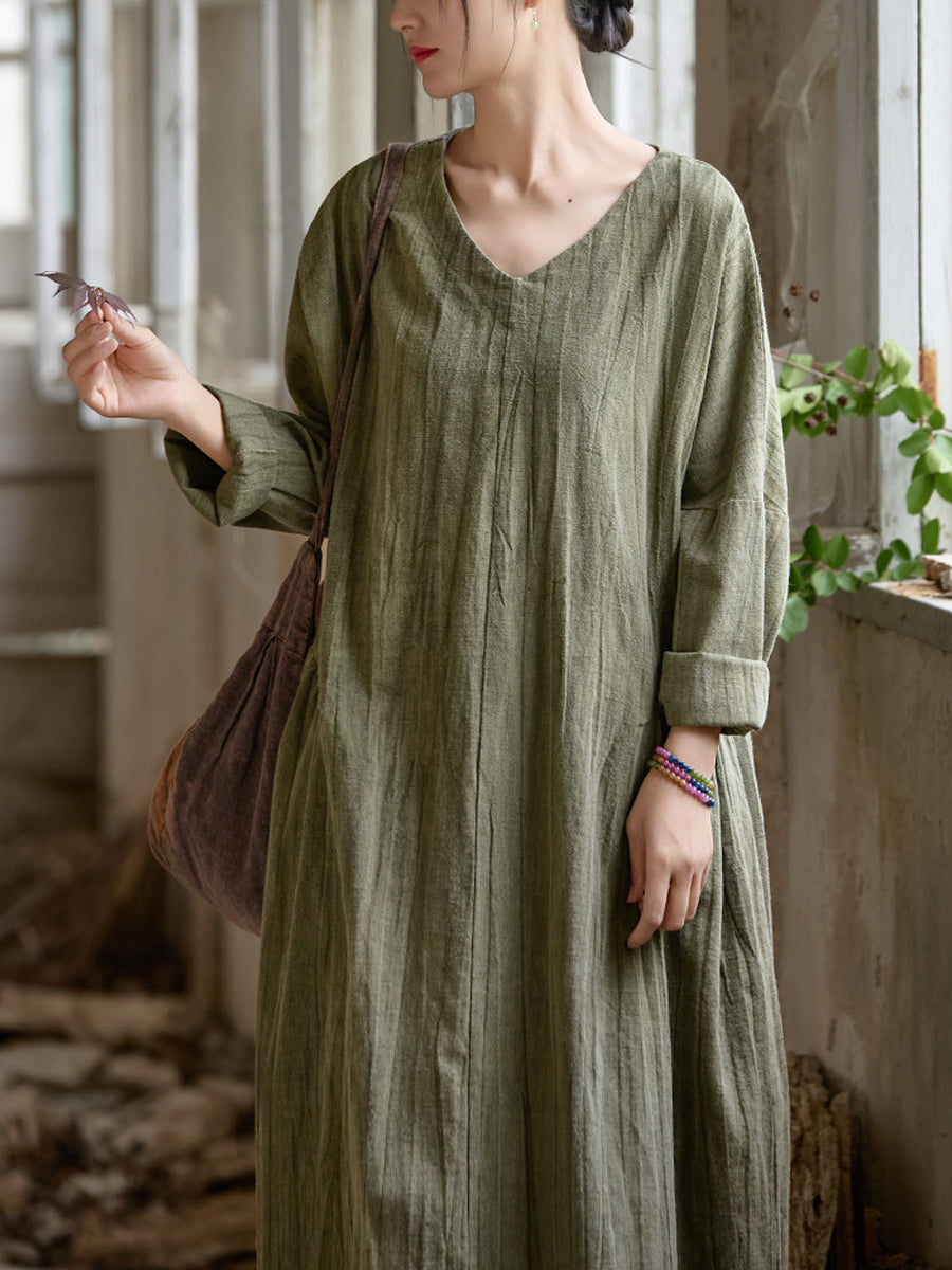 Women Summer Retro Pure Color V-Neck Ramie Dress