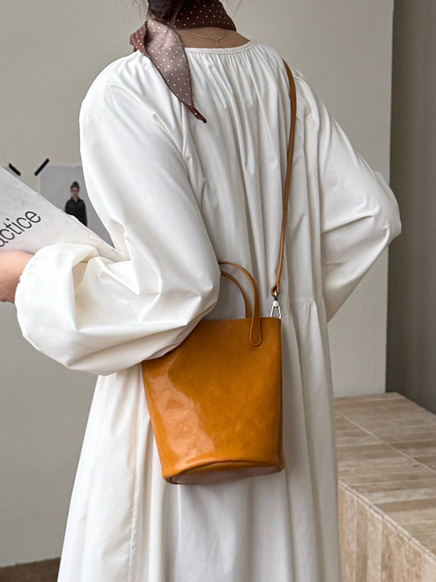 Vintage Top-Grain Leather Bucket Crossbody Bag