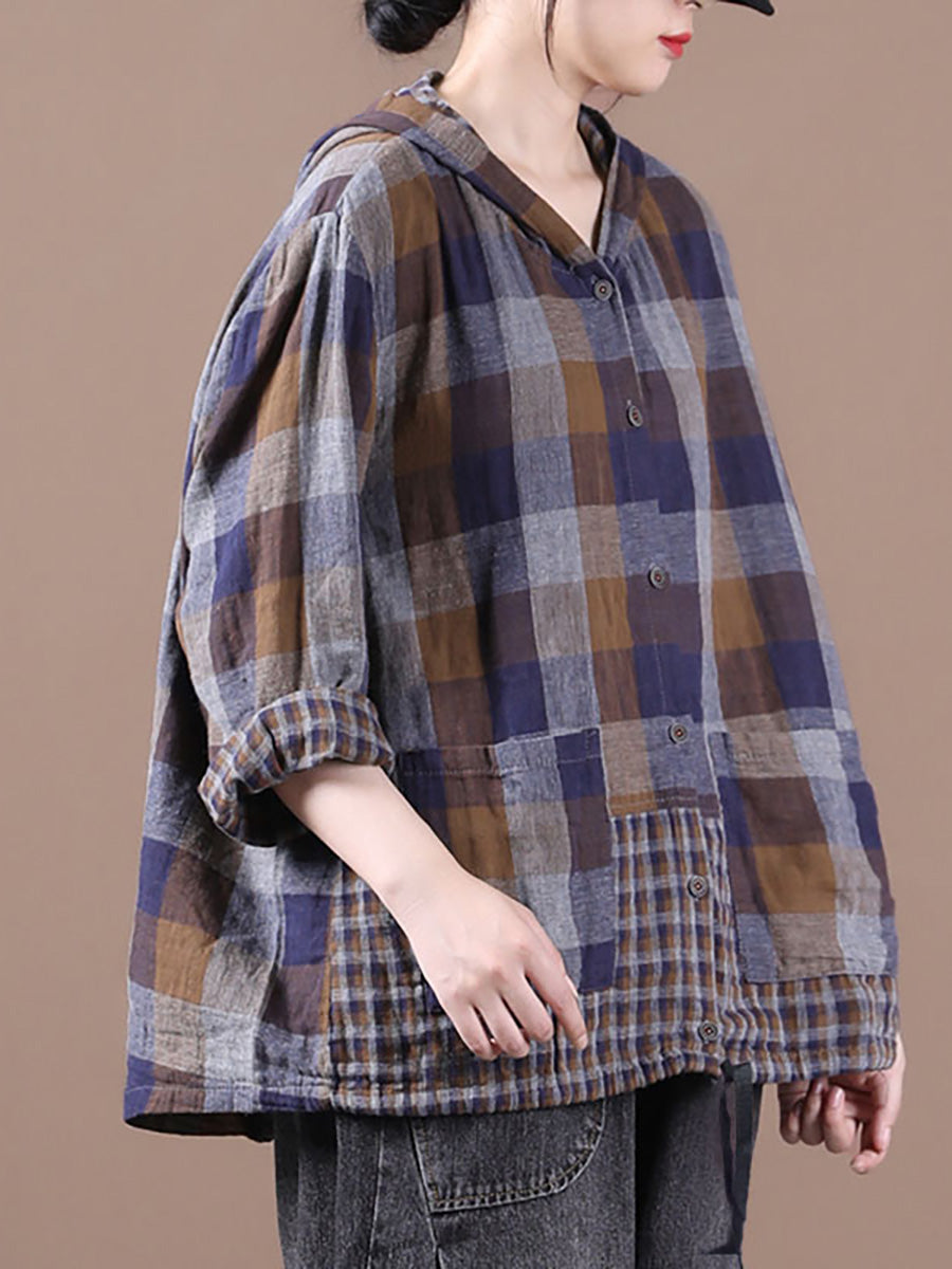 Plus Size Loose Stitching Drawstring Cotton Linen Shirt