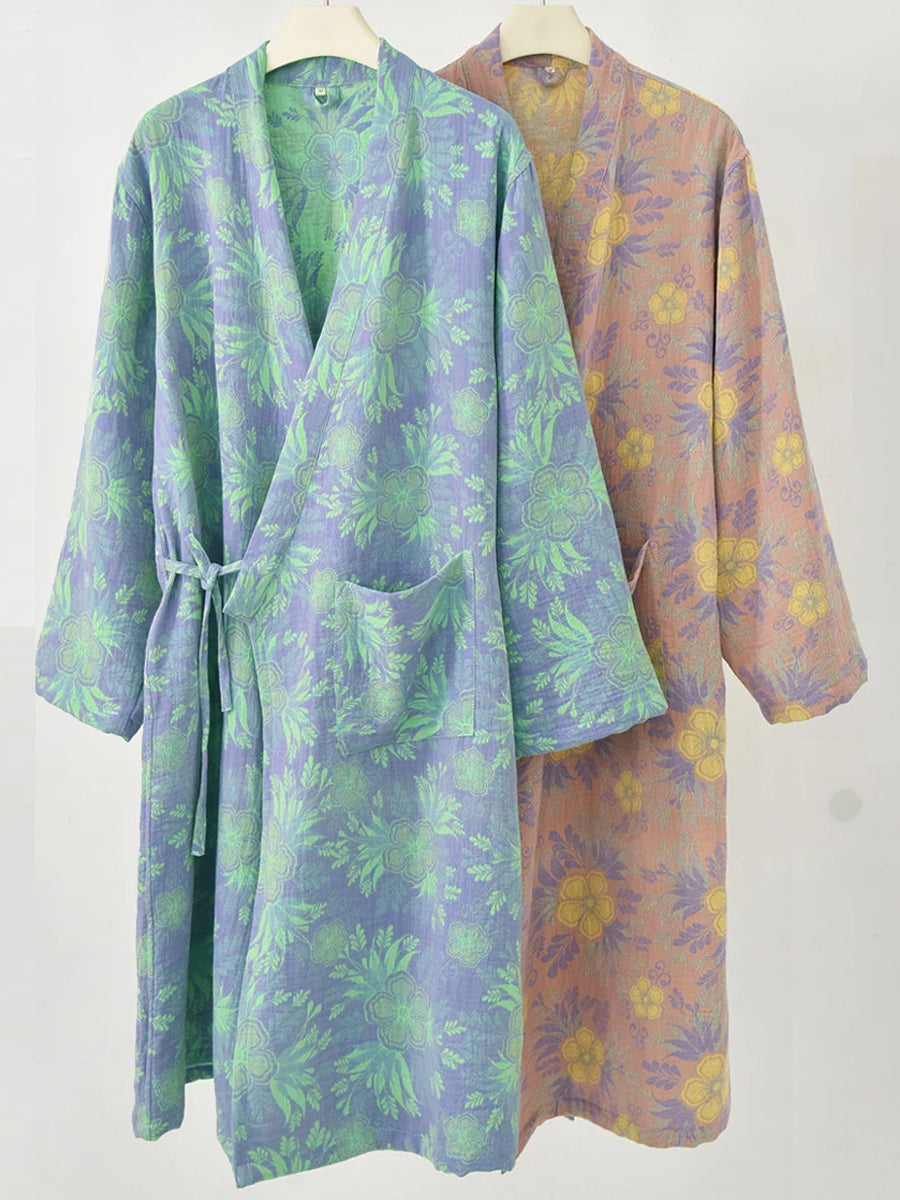 Women 100% Cotton Double-Layer Floral Jacquard Gauze Robe
