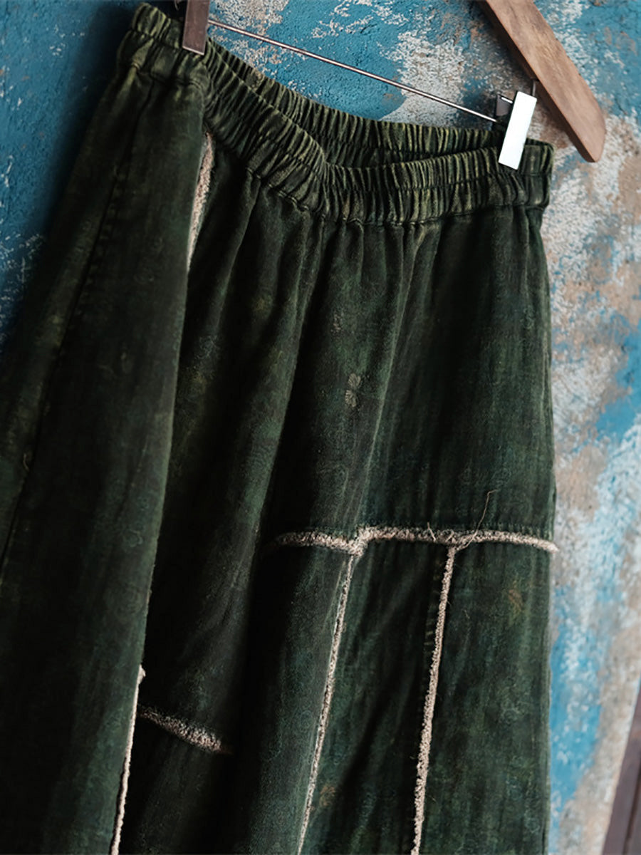 Plus Size Women Summer Retro Spliced Wide-leg Cotton Pants