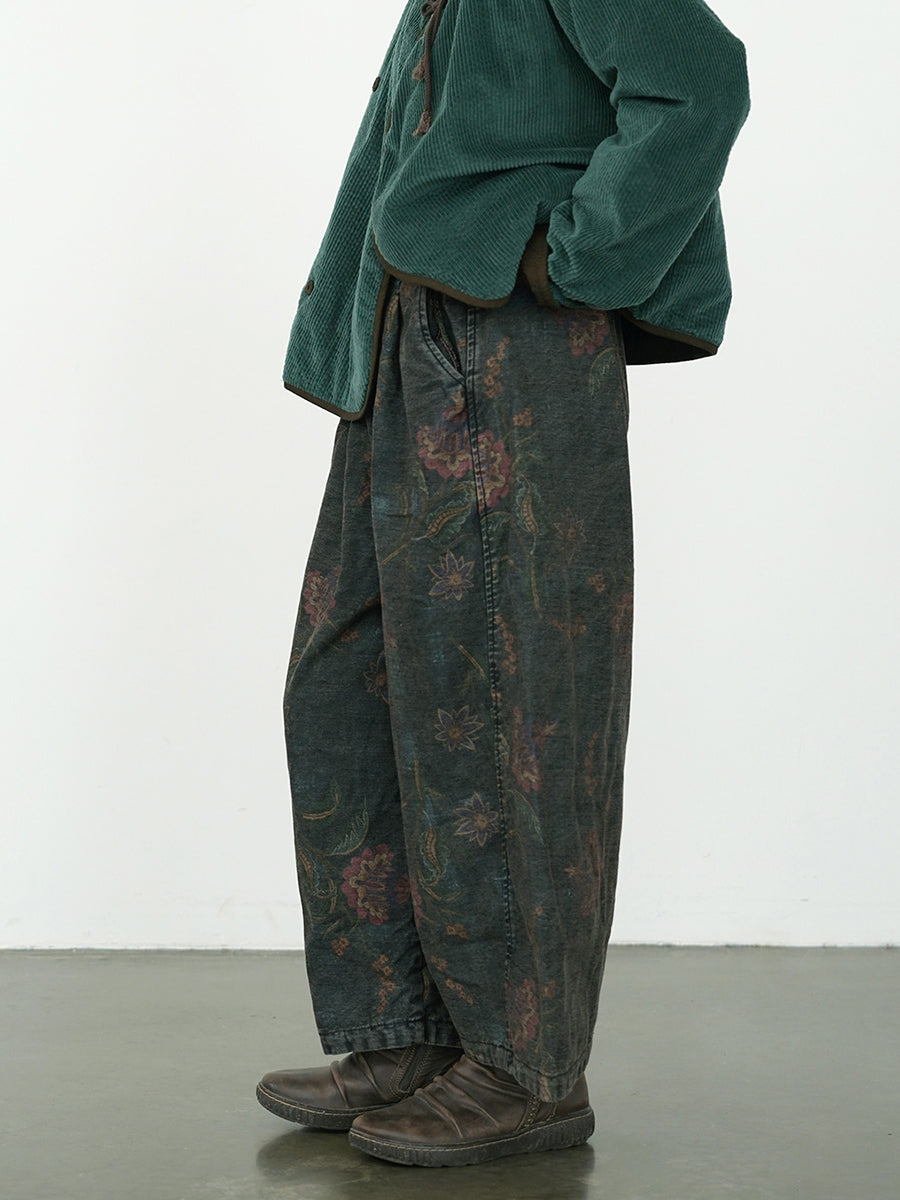 Plus Size Women Winter Retro Flower Denim Spliced Wide-leg Pants