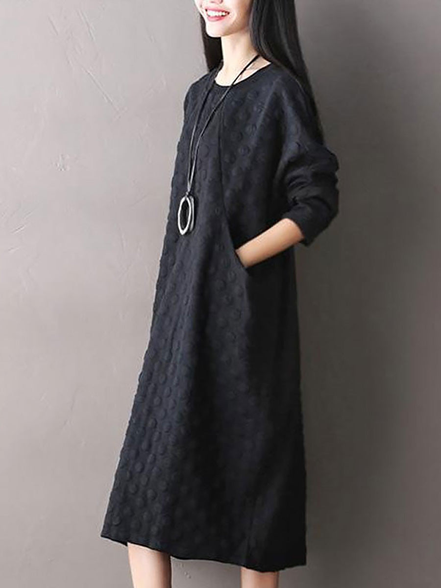 Plus Size Solid Embossed Dot Stretch Long Sleeve Dress