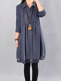 Plus Size Loose Cotton Linen Stripe Lace Hem Shirt Dress
