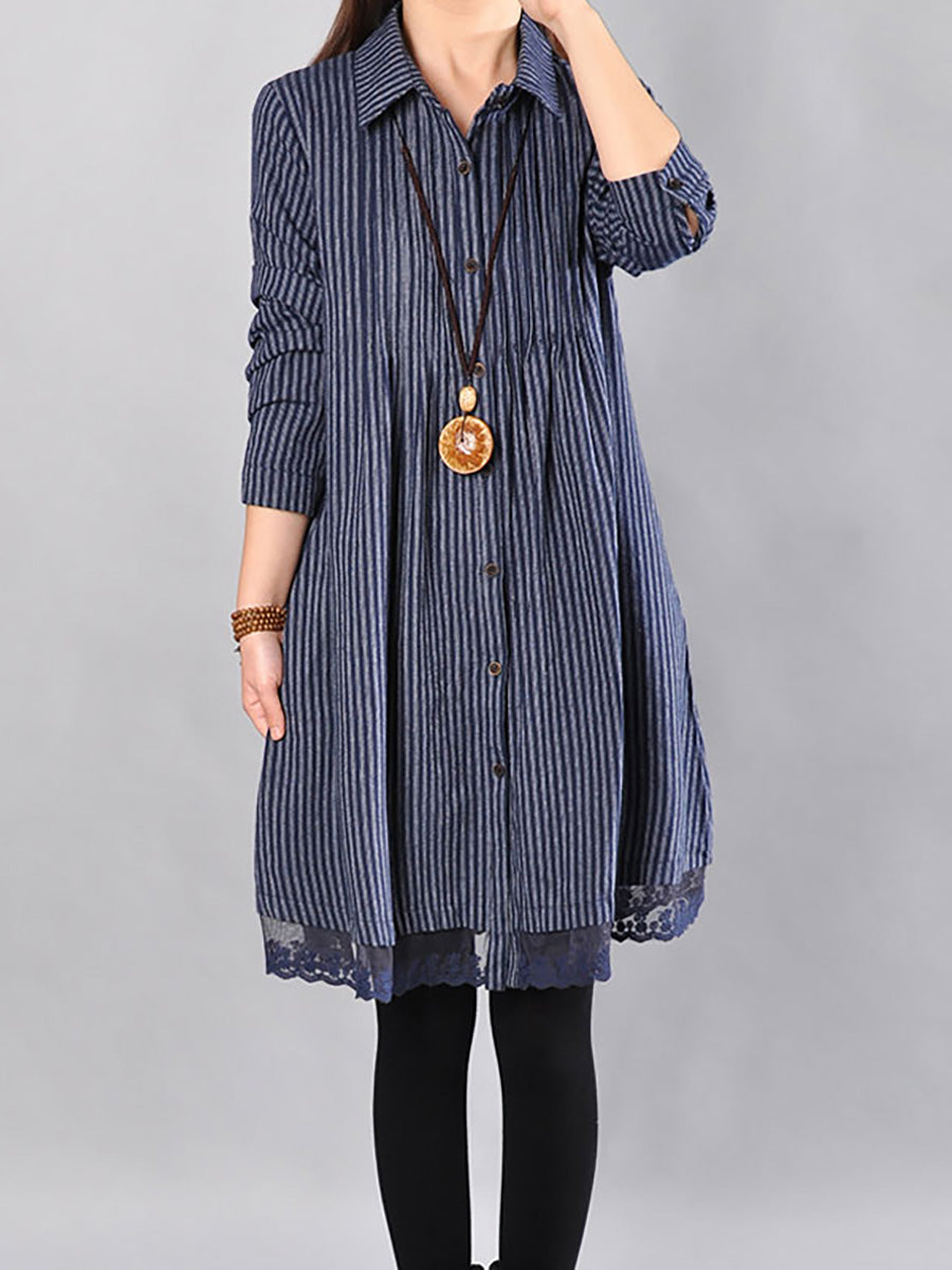 Plus Size Loose Cotton Linen Stripe Lace Hem Shirt Dress