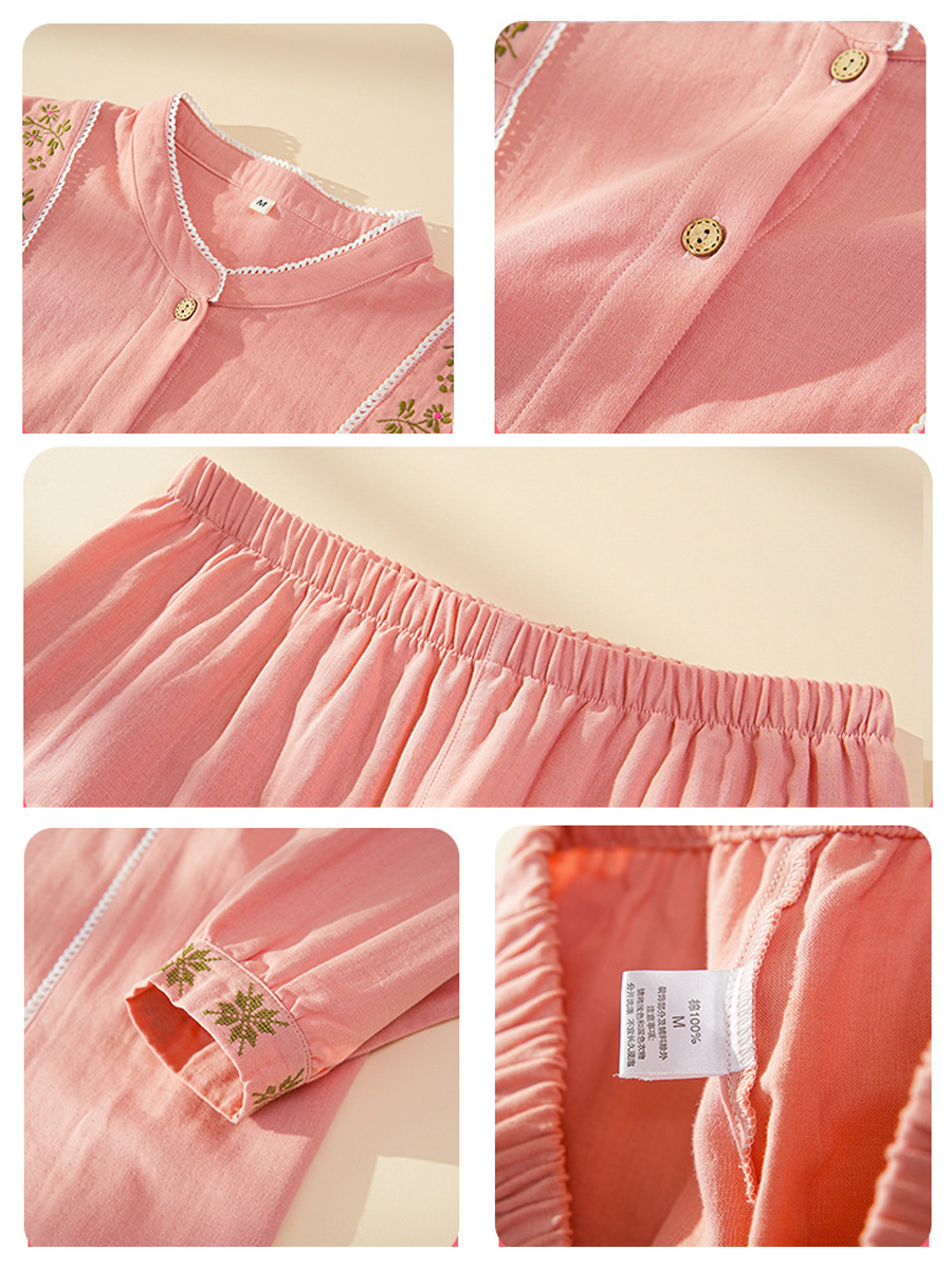 Women Vintage Embroidered Cotton Gauze Pajama Set