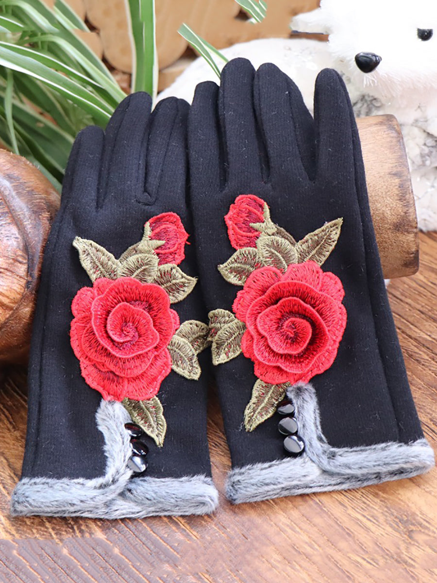 Women Ethnic Winter  Embroidery Fleece-lined Gloves