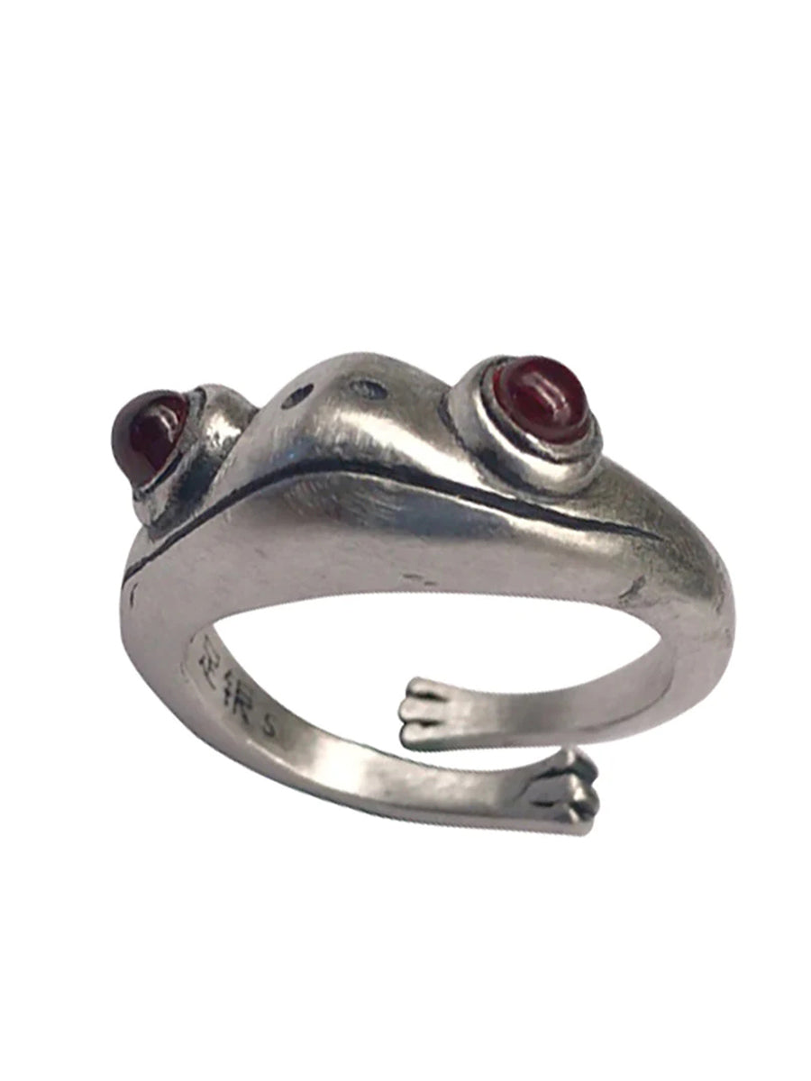 Unisex Retro Adjustable Frog Silver Ring