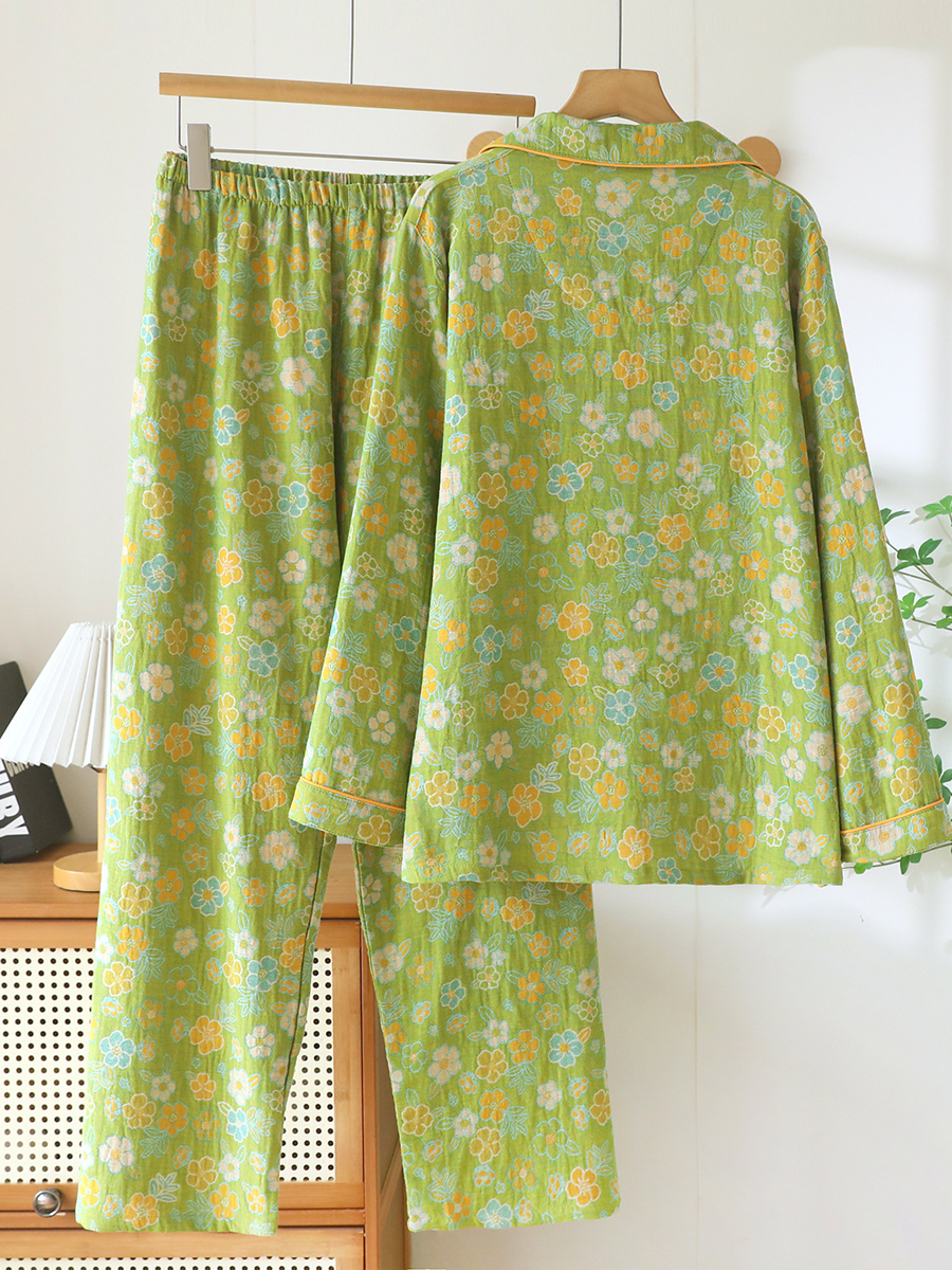 Plus Size Vintage Floral Jacquard Long-Sleeve Pajama Set