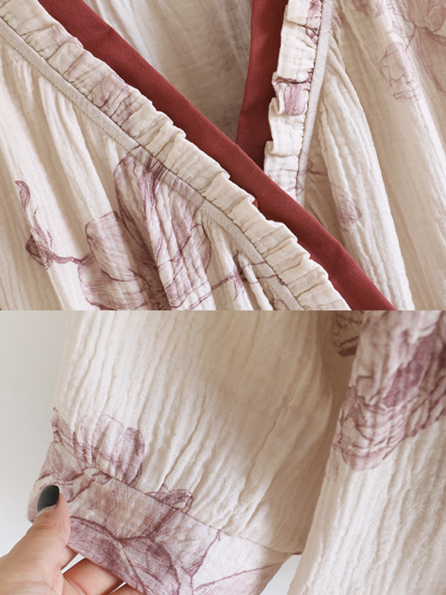 Women Vintage Floral Wrap-Front Pure Cotton Gauze Pajama Set