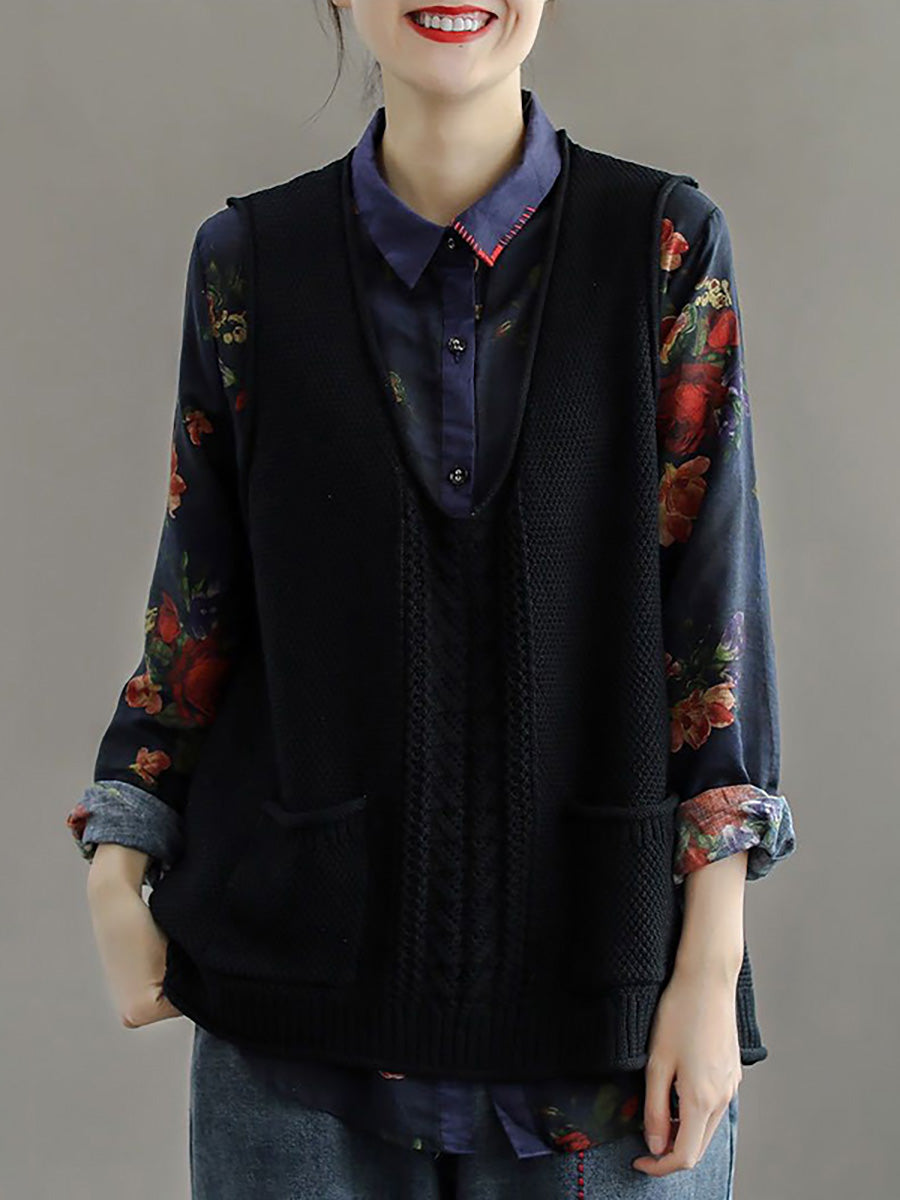 Plus Size Women Pocket Knitted Hollow Sweater Vest