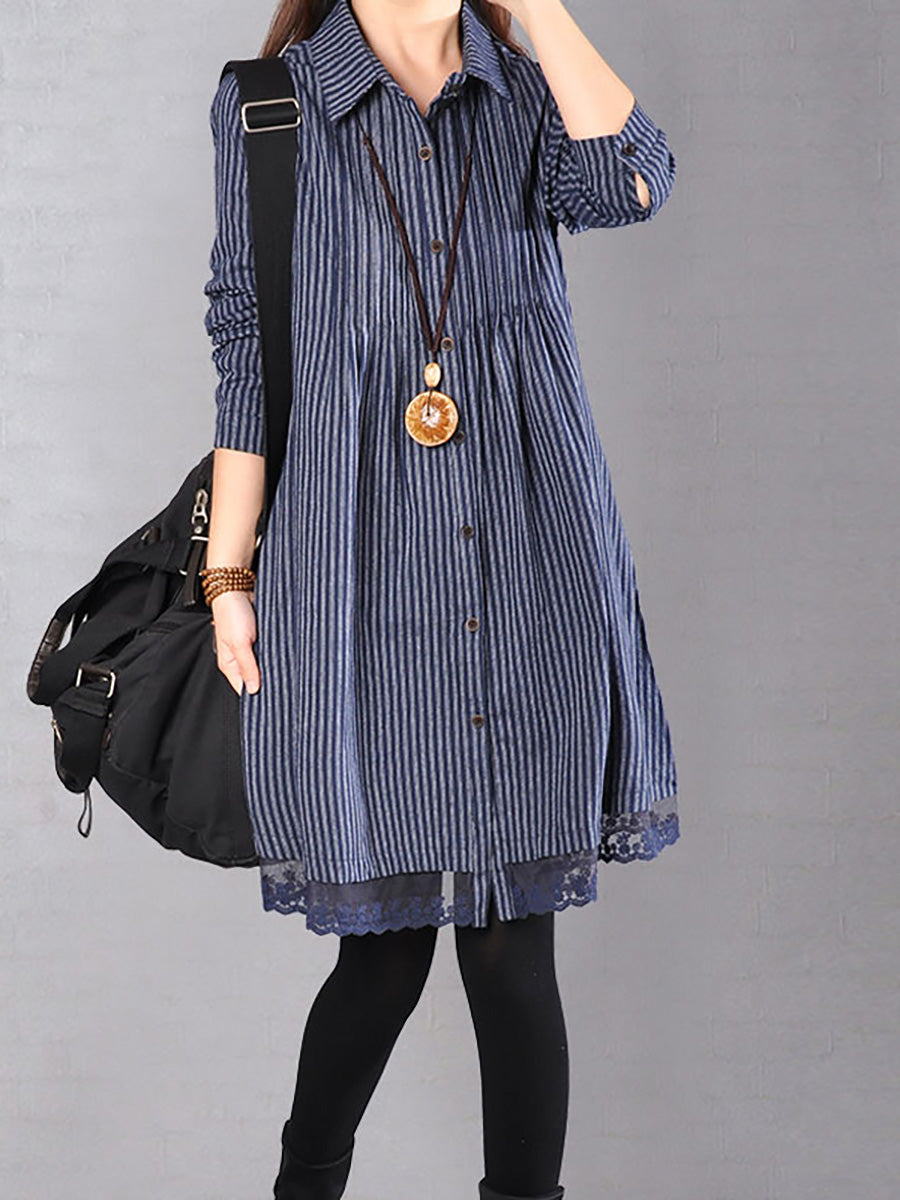 Plus Size Loose Cotton Linen Stripe Lace Hem Shirt Dress