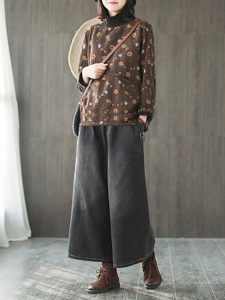 Plus Size Vintage Flower Half-high Collar Spliced Cotton Blouse