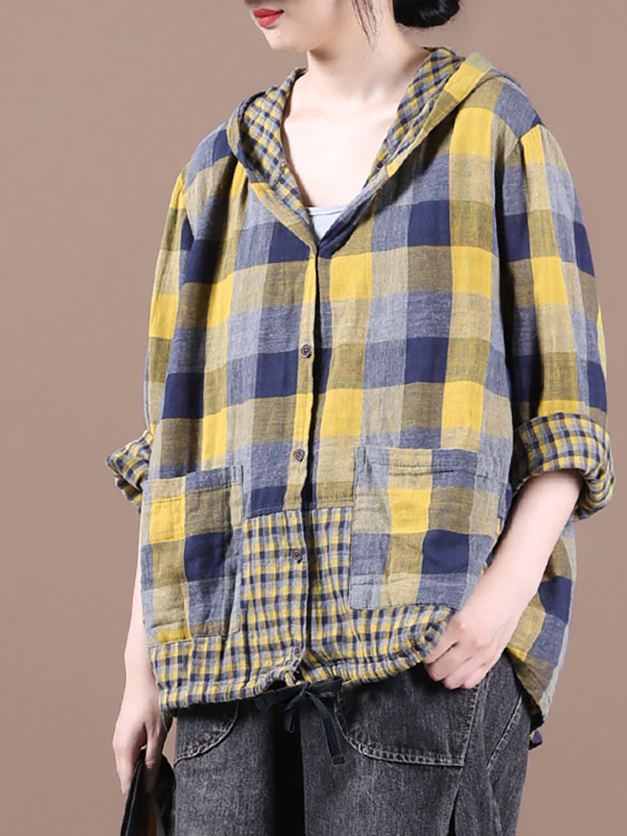 Plus Size Loose Stitching Drawstring Cotton Linen Shirt