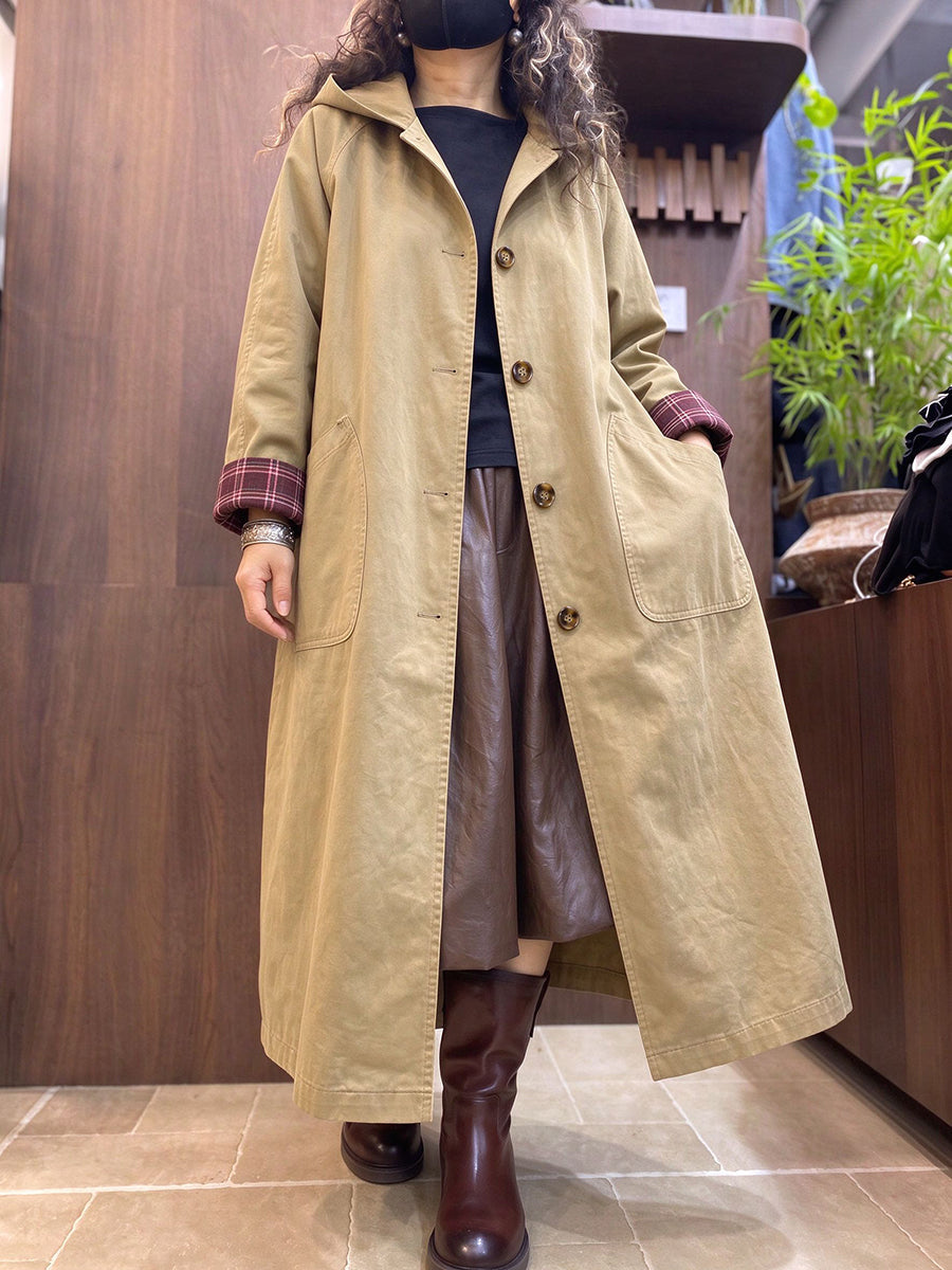 Plus Size Women Autumn Artistic 100% Cotton Hooded Coat