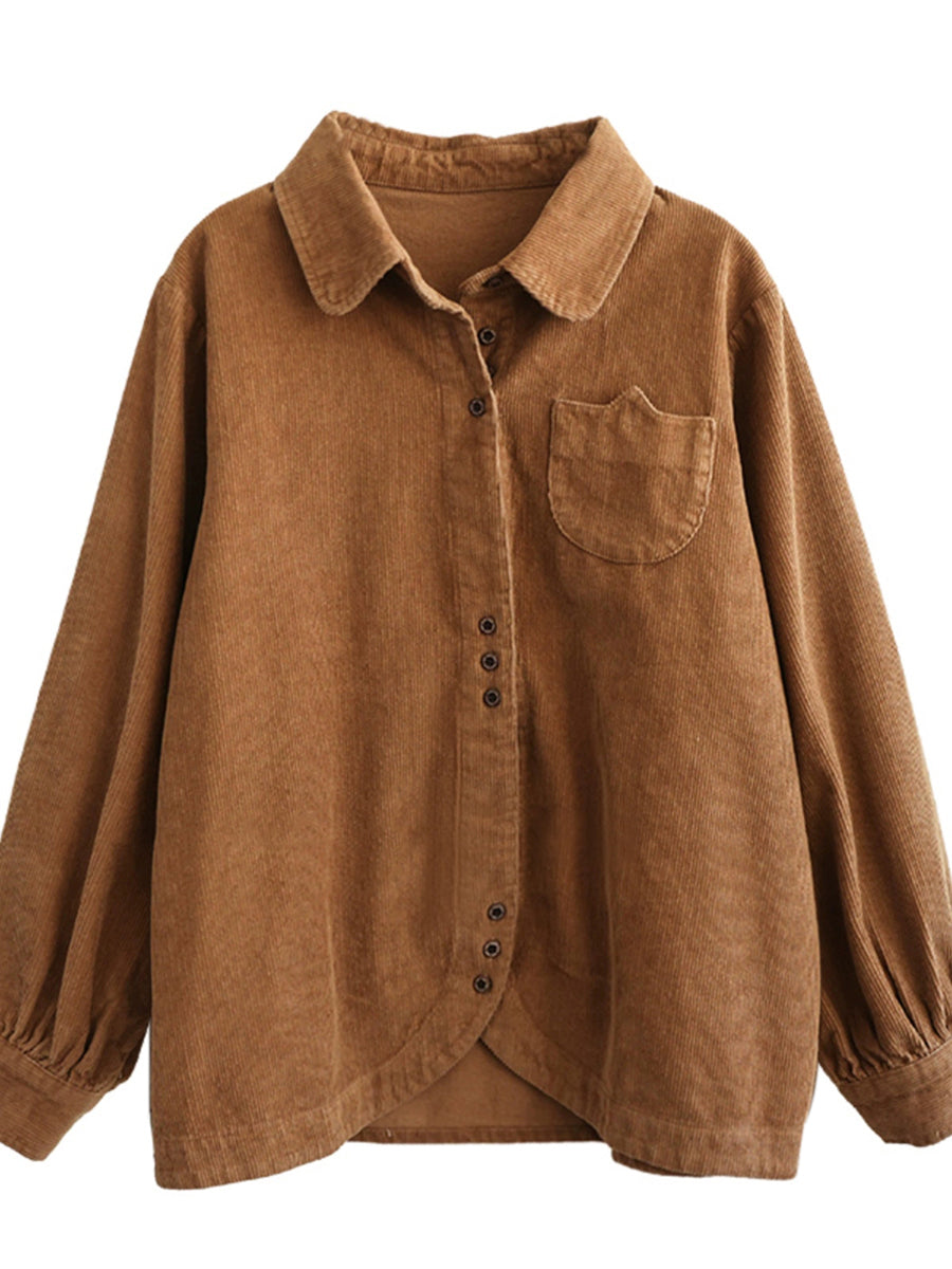 Plus Size Women Autumn Pure Color Turn-down Collar Corduroy Shirt