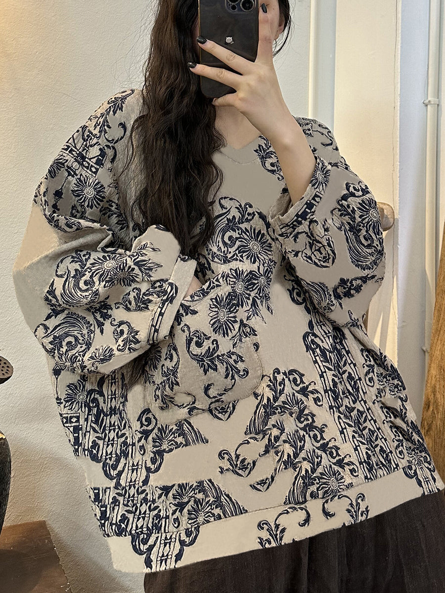 Plus Size Women Vintage Print V-Neck Long Sleeve Blouse