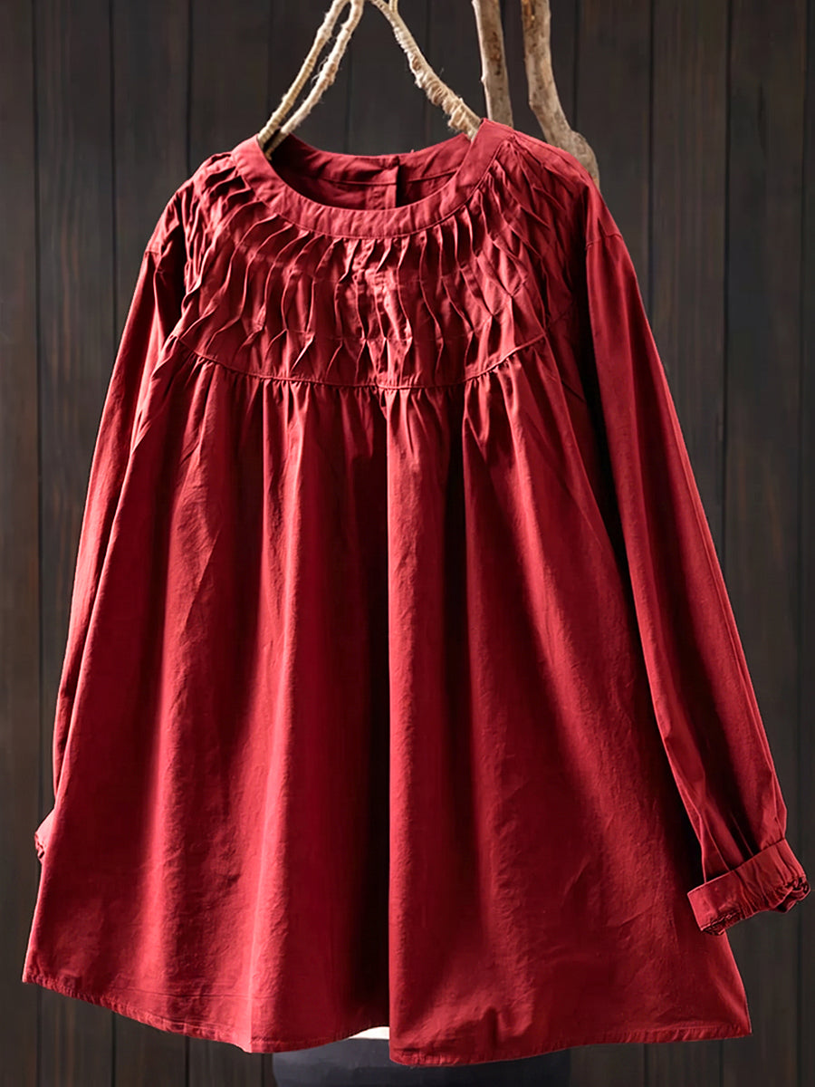Plus Size Women Elegant Cotton Pleated Long Sleeve Blouse