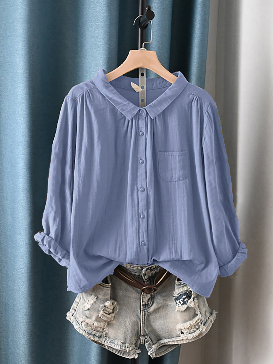Plus Size Women Summer Artsy Turn-down Collar 100%Cotton Shirt