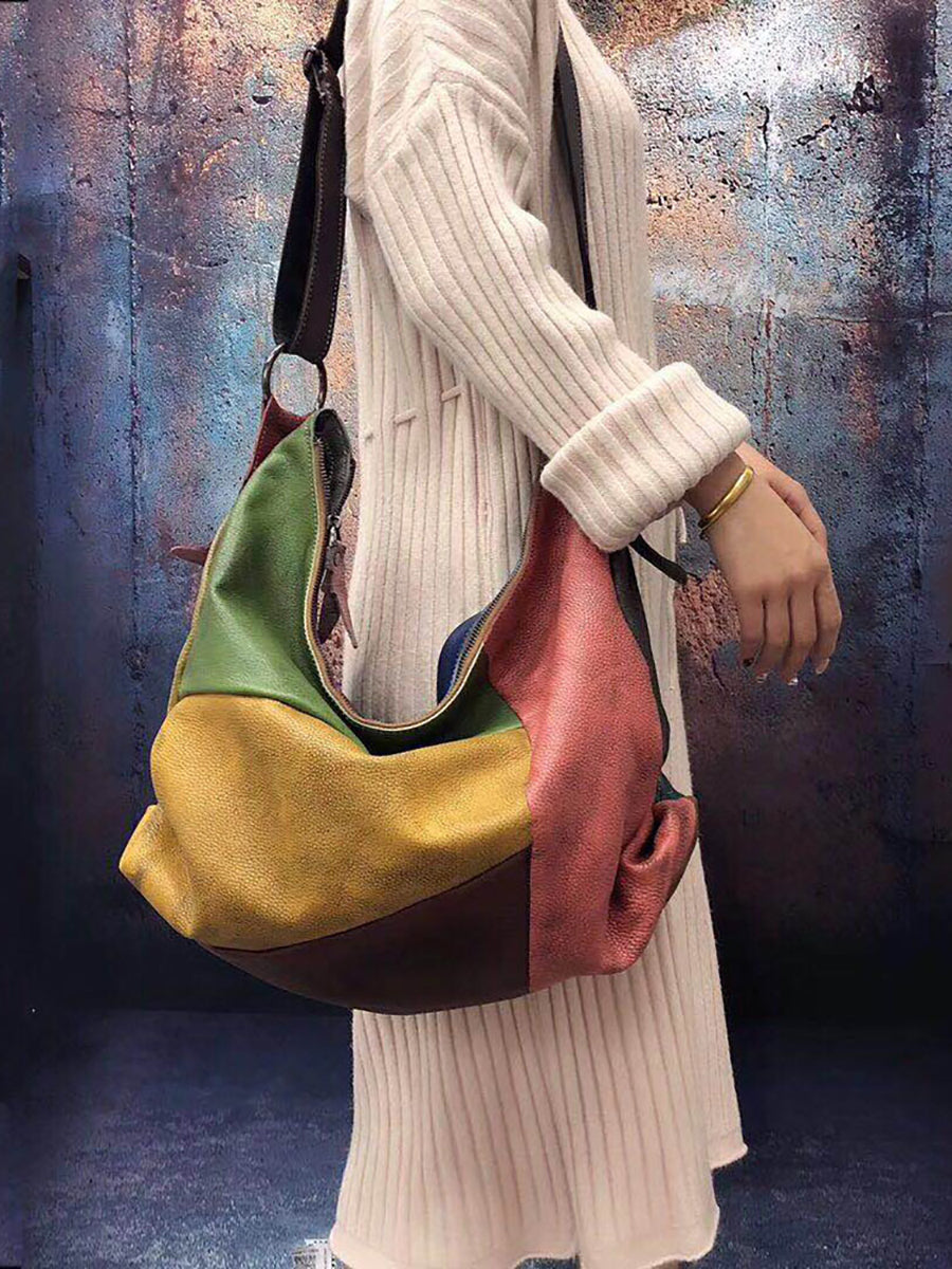 Retro Leather Crossbody Bag for Women - Contrast Color Shoulder Bag | Vintage Style Handbag with Cotton Lining