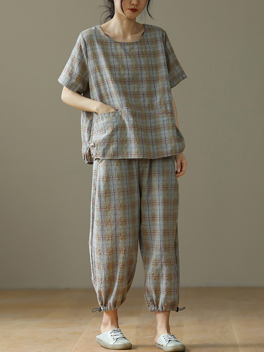 Plus Size Linen Plaid Drawstring Two Pieces Sets M-4XL
