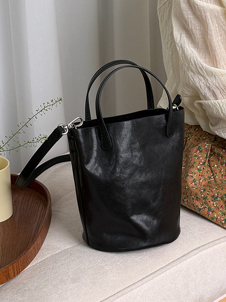 Vintage Top-Grain Leather Bucket Crossbody Bag