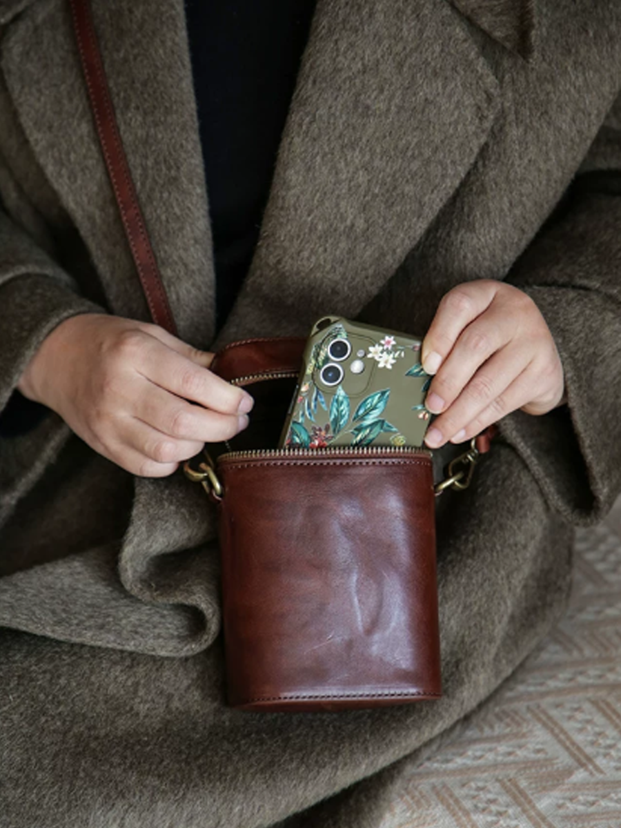 Vintage Leather Bucket Phone Bag