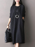 Plus Size Solid Embossed Dot Stretch Long Sleeve Dress