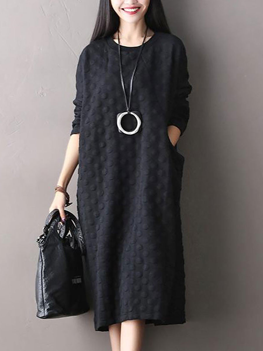 Plus Size Solid Embossed Dot Stretch Long Sleeve Dress