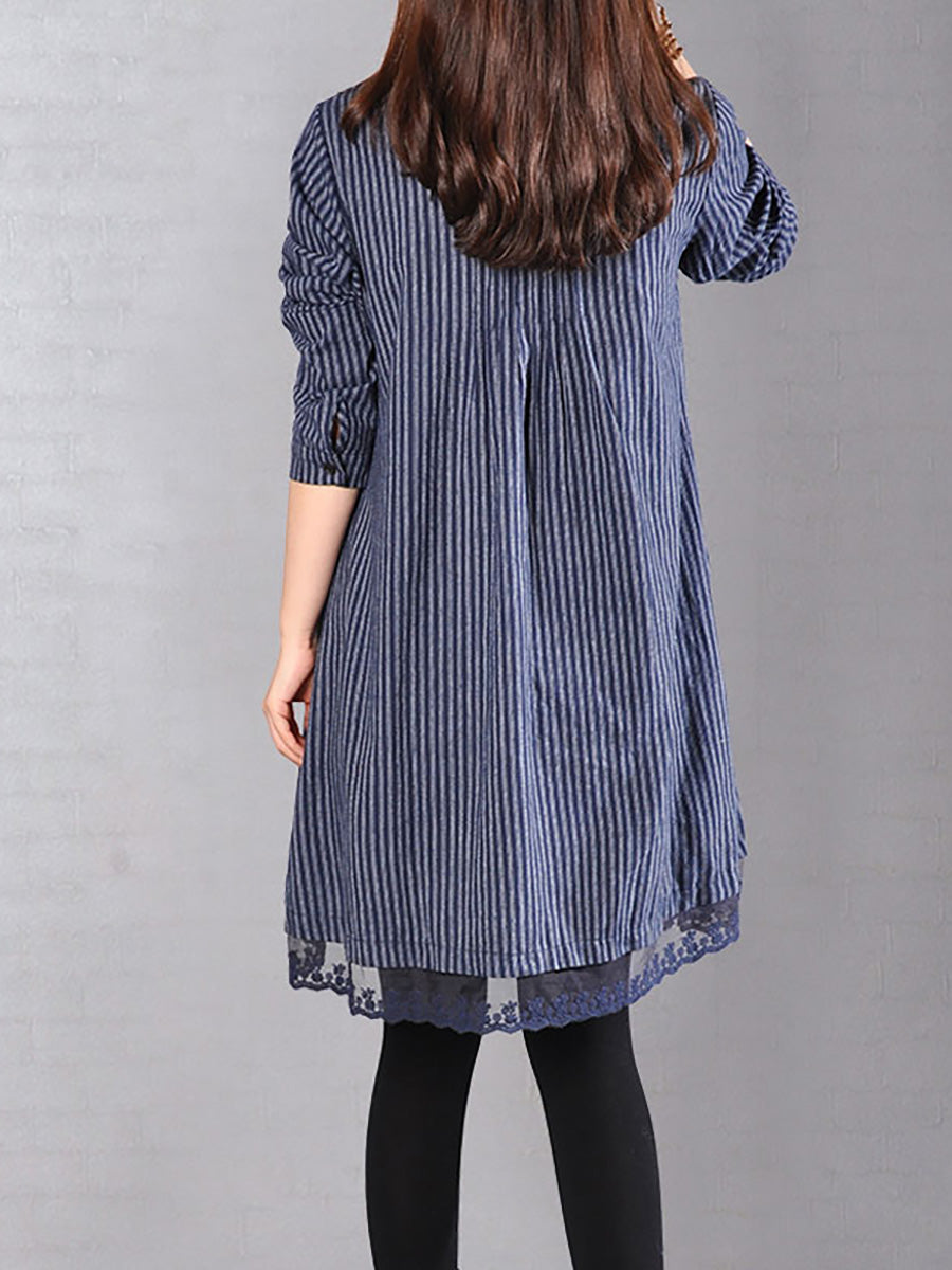 Plus Size Loose Cotton Linen Stripe Lace Hem Shirt Dress